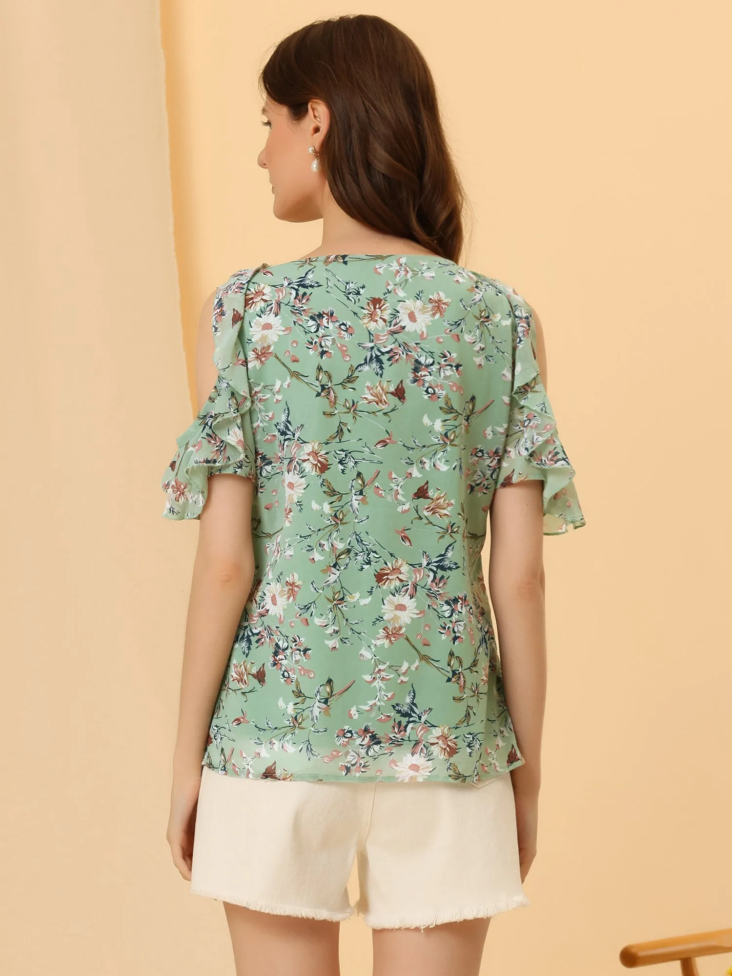 Cold Shoulder Blouse Summer Tie Neck Floral Tops sold by Allegra K product image thumbnail 3