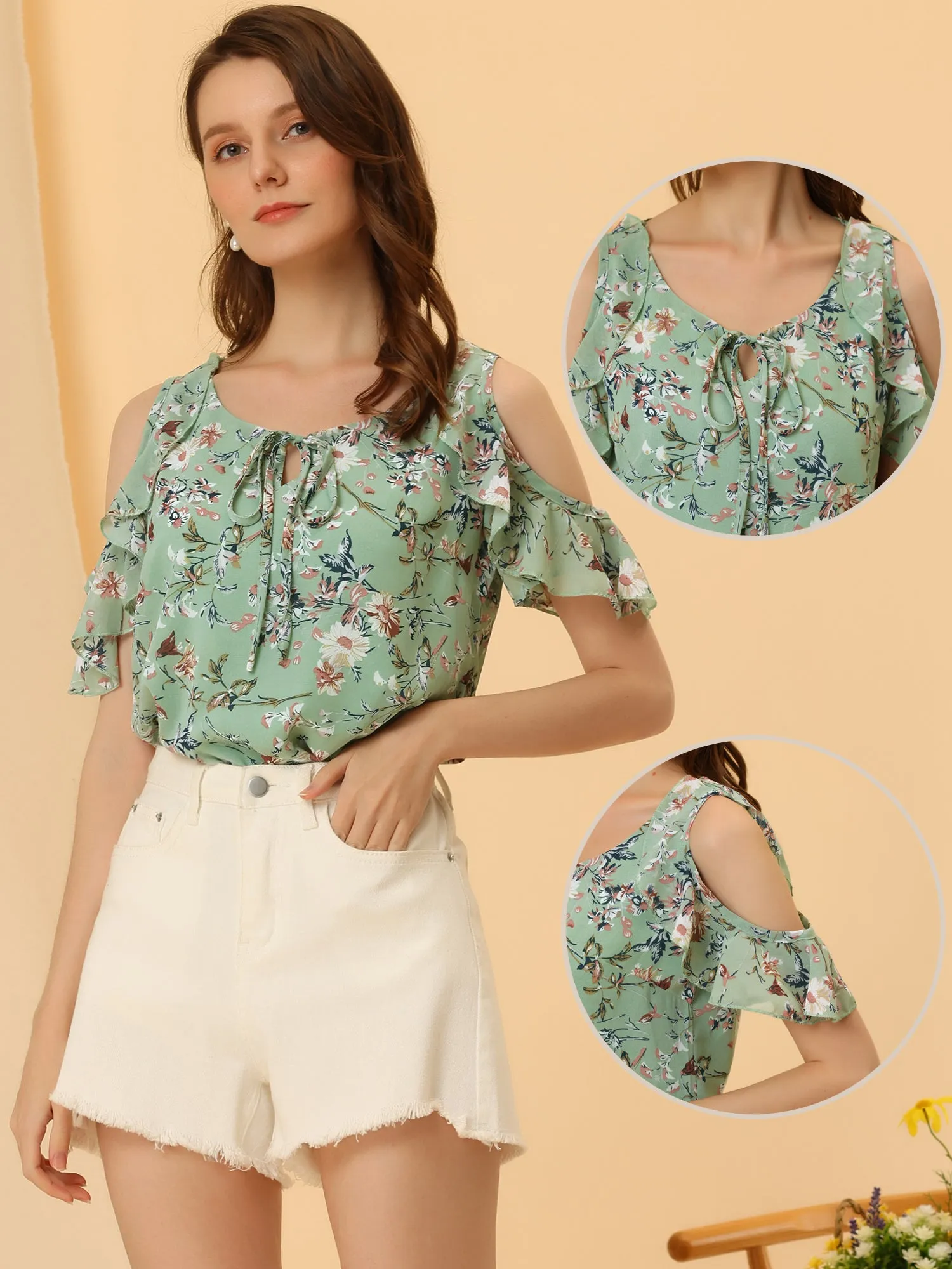 Cold Shoulder Blouse Summer Tie Neck Floral Tops sold by Allegra K product image thumbnail 2