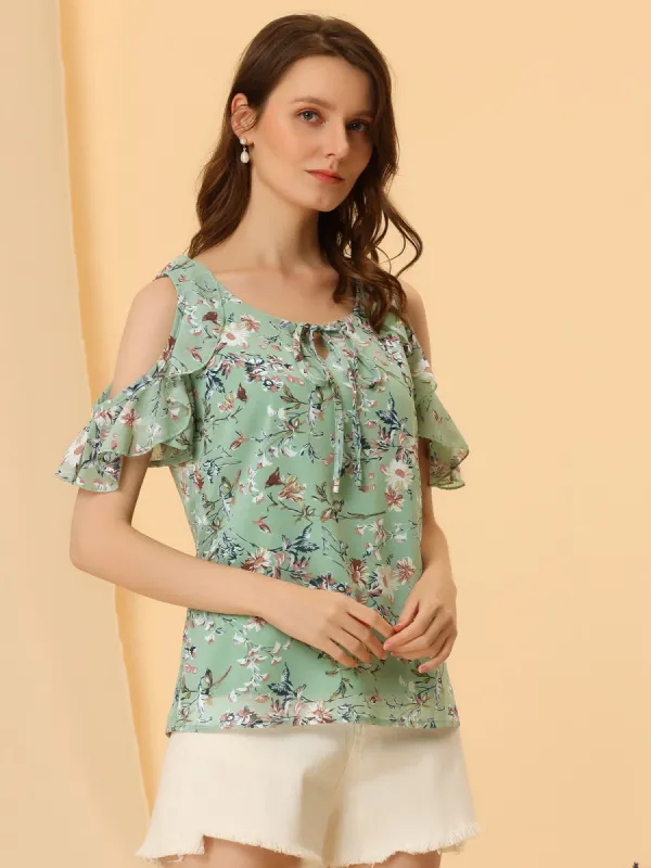 Cold Shoulder Blouse Summer Tie Neck Floral Tops sold by Allegra K