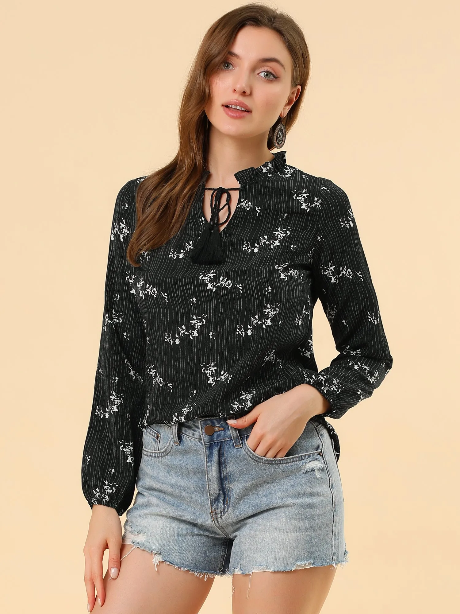 Peasant Blouse Boho Tassel Self Tie Neck Long Sleeve Floral Shirt sold by Allegra K product image thumbnail 3
