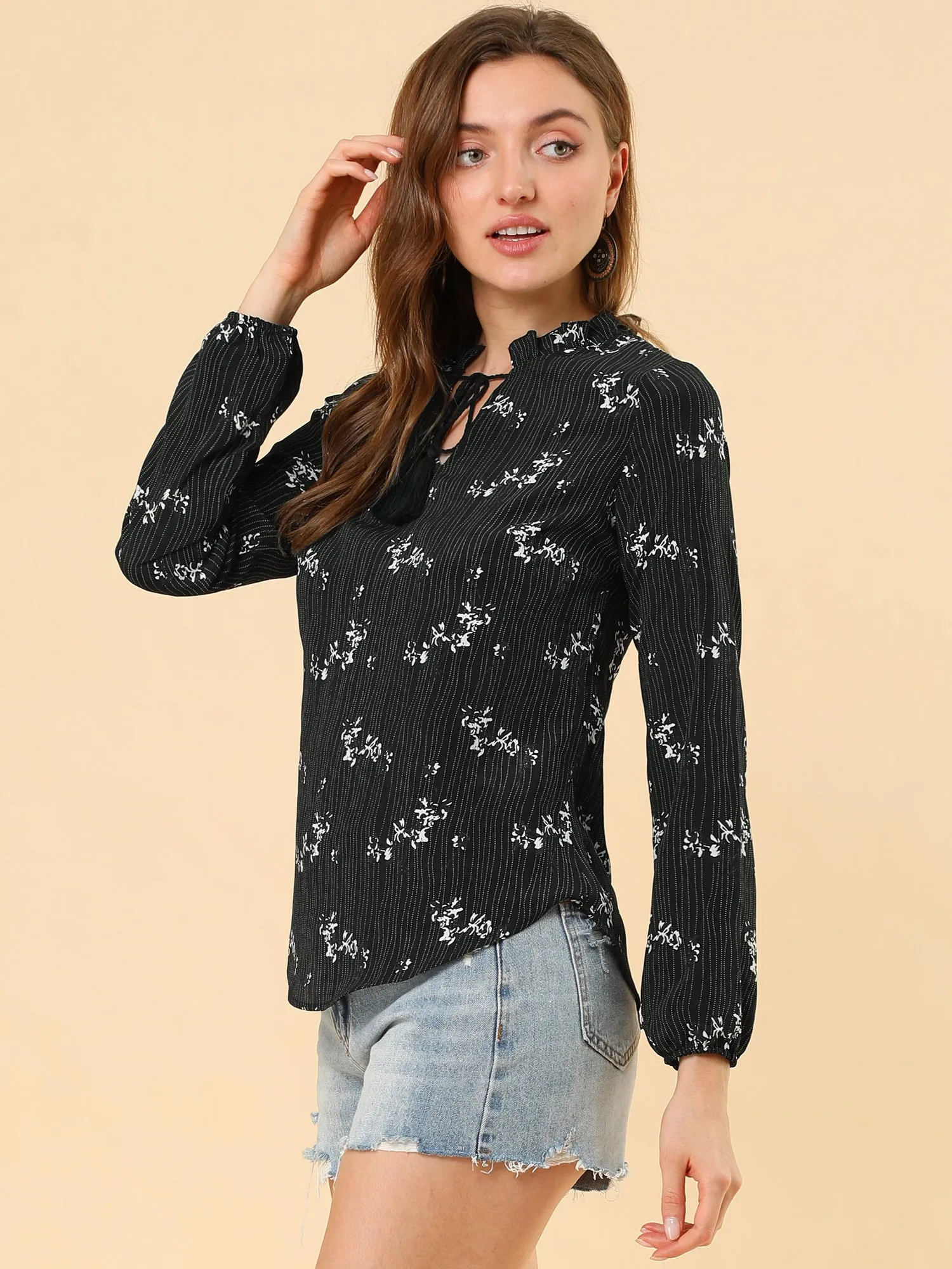 Peasant Blouse Boho Tassel Self Tie Neck Long Sleeve Floral Shirt sold by Allegra K product image thumbnail 2