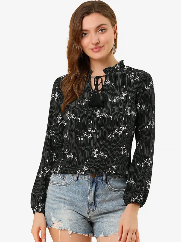 Peasant Blouse Boho Tassel Self Tie Neck Long Sleeve Floral Shirt sold by Allegra K