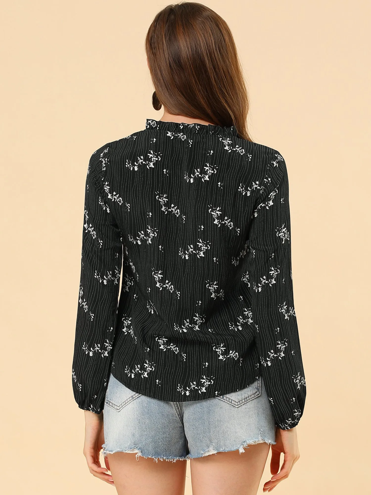 Peasant Blouse Boho Tassel Self Tie Neck Long Sleeve Floral Shirt sold by Allegra K product image thumbnail 5