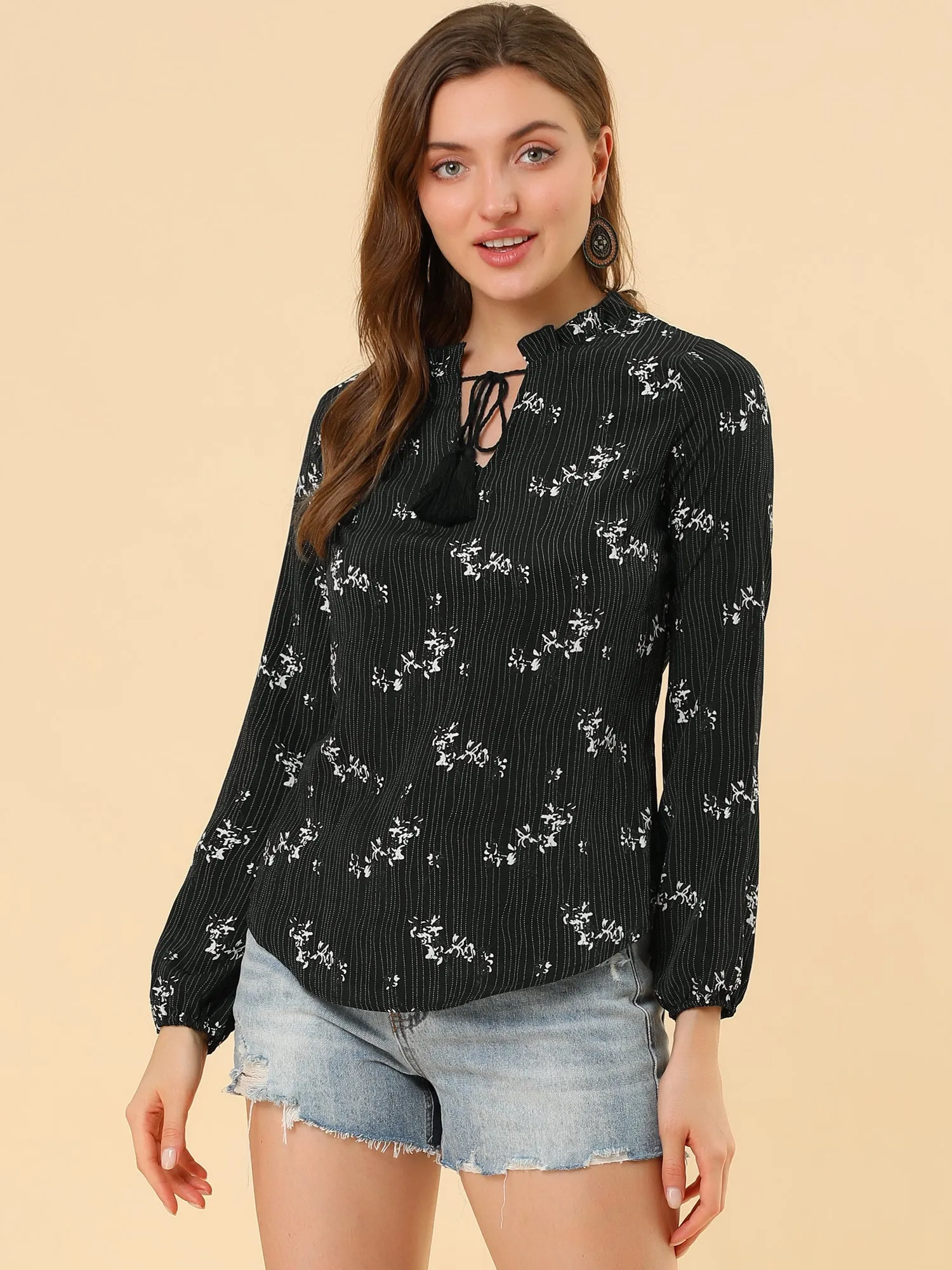Peasant Blouse Boho Tassel Self Tie Neck Long Sleeve Floral Shirt sold by Allegra K product image thumbnail 4