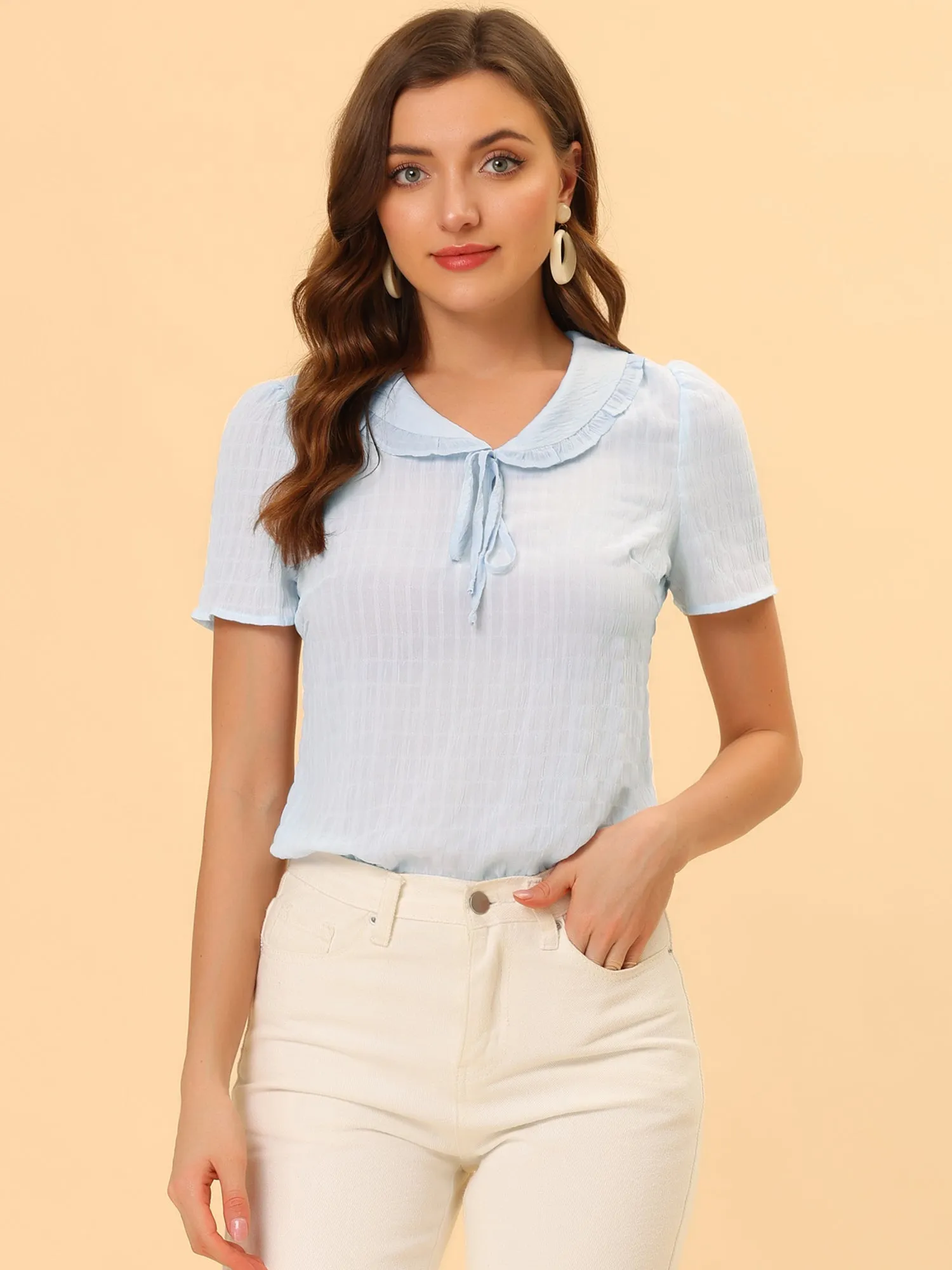 Peter Pan Collar Tops Tie Neck Ruffle Blouse sold by Allegra K product image thumbnail 5