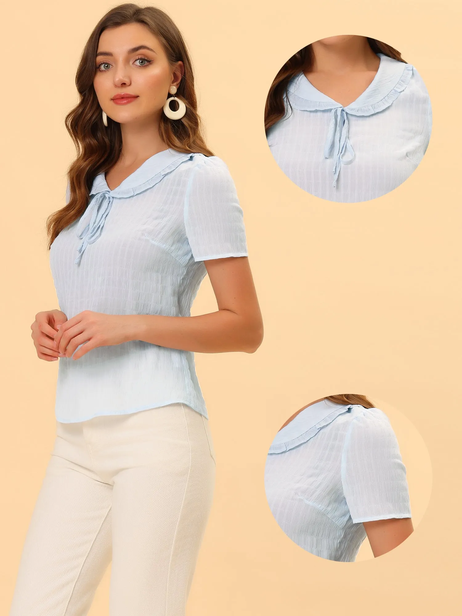 Peter Pan Collar Tops Tie Neck Ruffle Blouse sold by Allegra K product image thumbnail 2