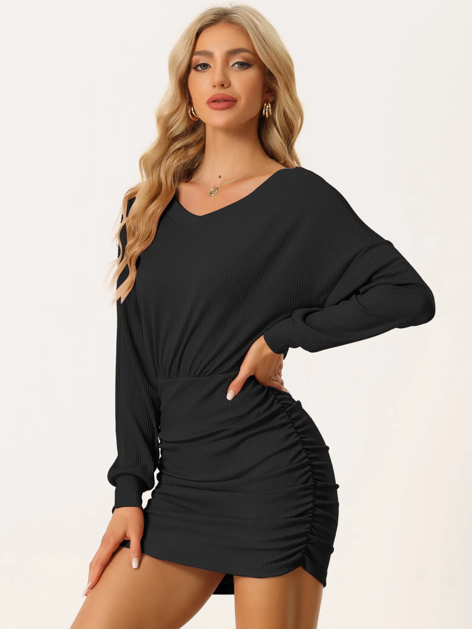 Bodycon Mini Casual V Neck Puff Long Sleeve Ruched Short Dress sold by Allegra K product image thumbnail 2