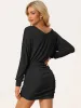 Bodycon Mini Casual V Neck Puff Long Sleeve Ruched Short Dress sold by Allegra K
