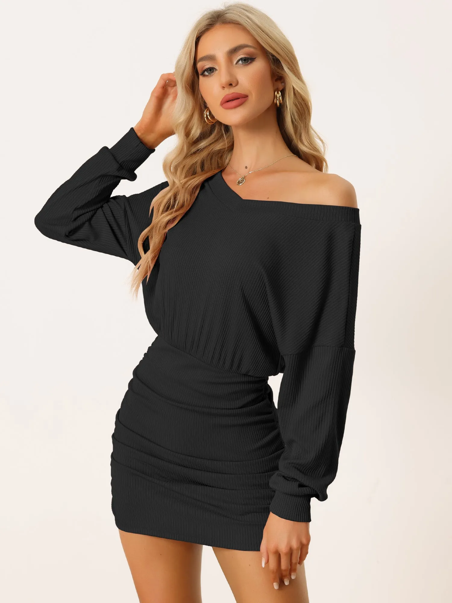 Bodycon Mini Casual V Neck Puff Long Sleeve Ruched Short Dress sold by Allegra K