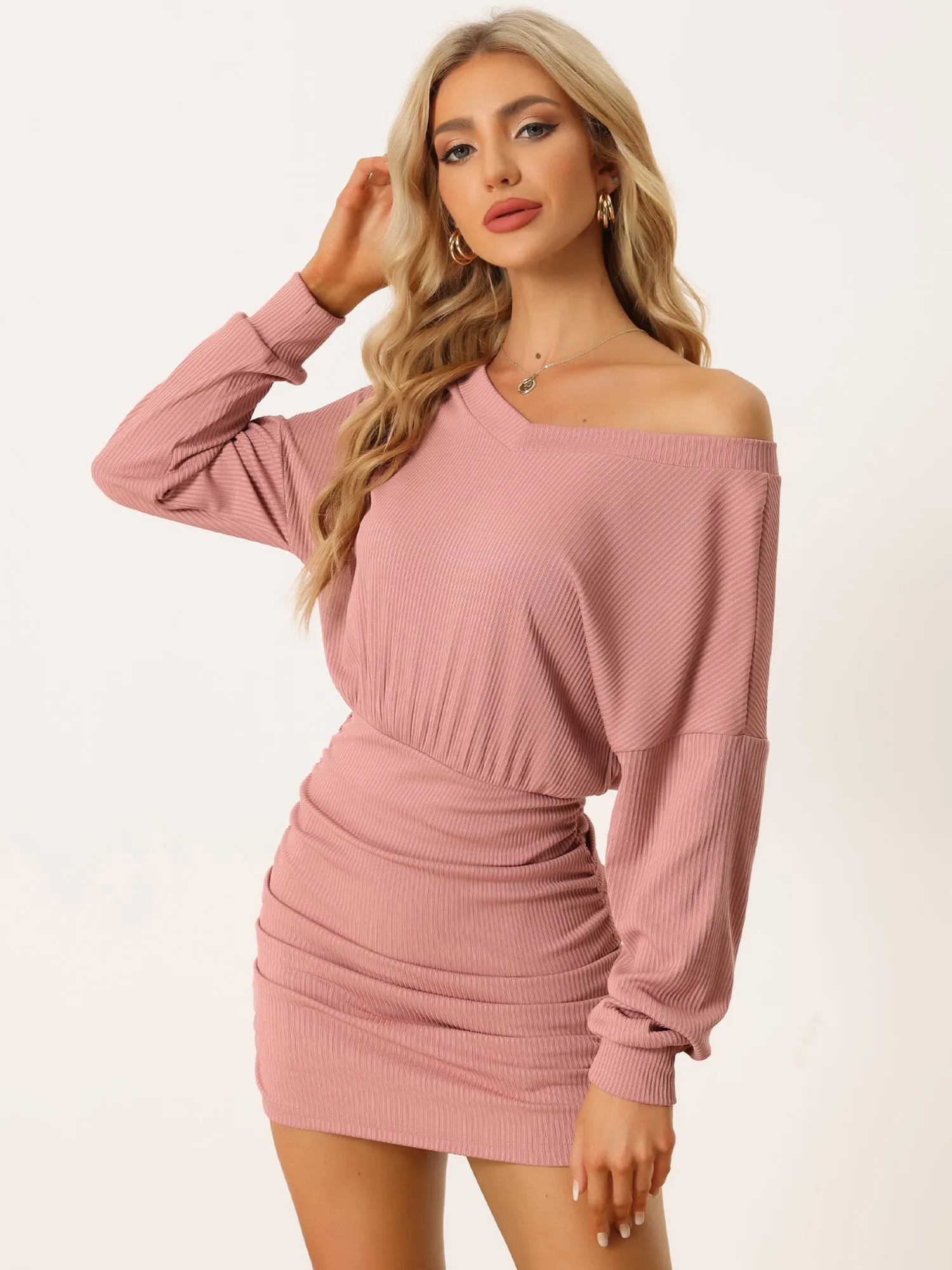 Bodycon Mini Casual V Neck Puff Long Sleeve Ruched Short Dress sold by Allegra K product image thumbnail 5