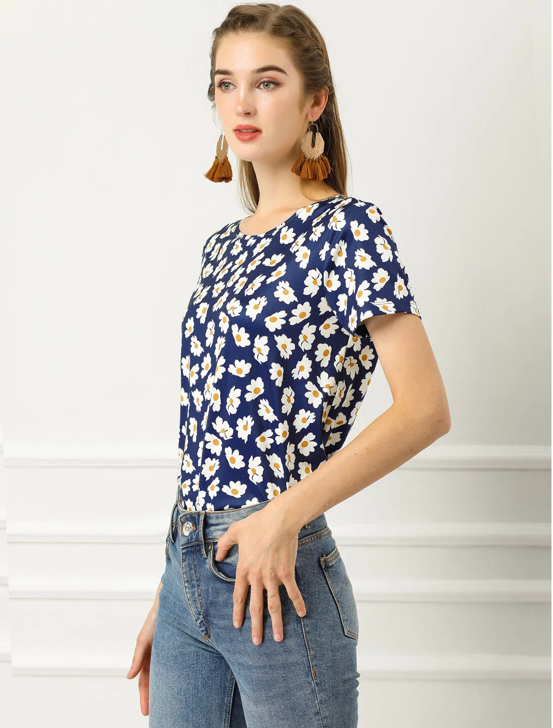 Floral Top Crew Neck Short Sleeve Blouse Summer Casual T-Shirt sold by Allegra K