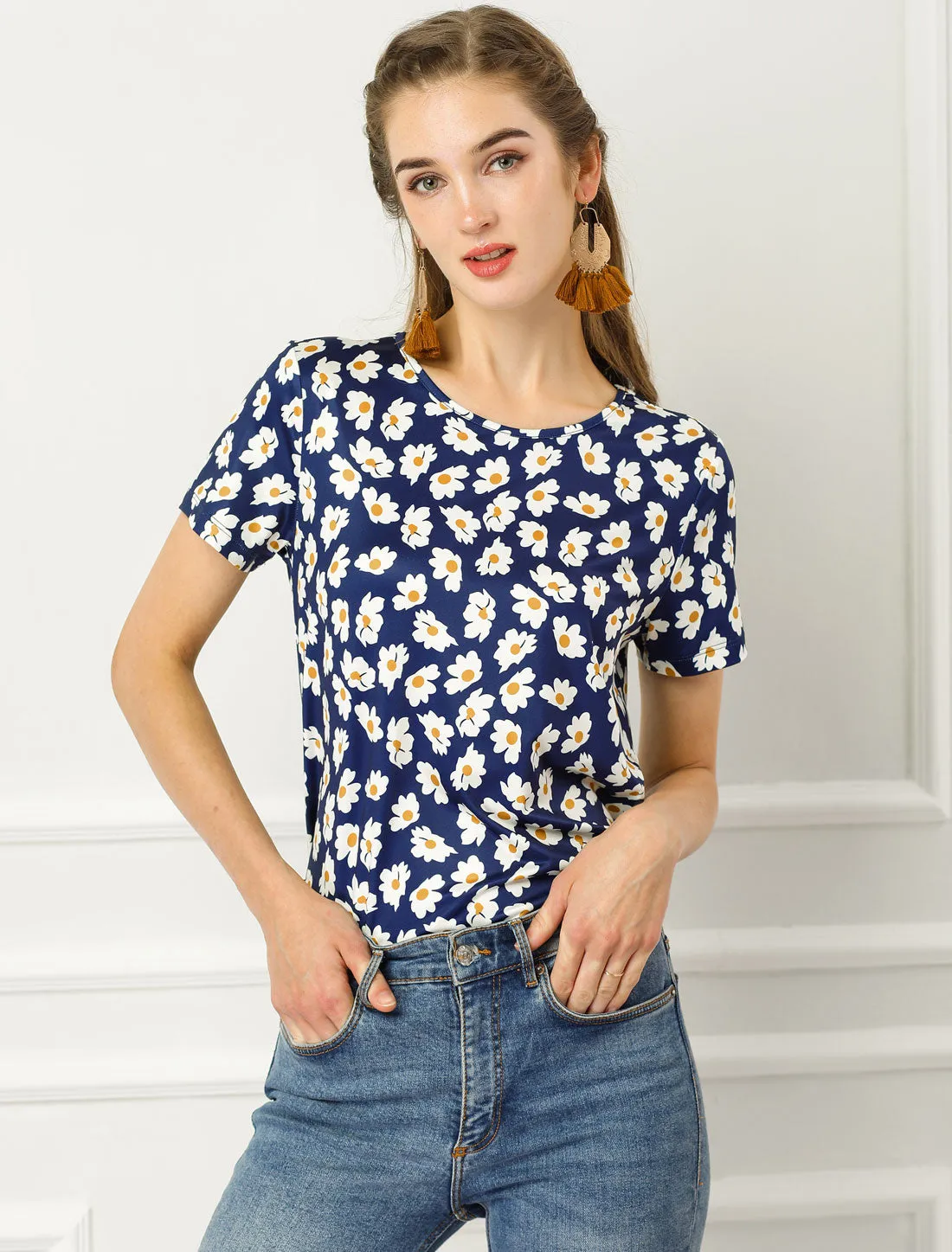 Floral Top Crew Neck Short Sleeve Blouse Summer Casual T-Shirt sold by Allegra K product image thumbnail 4