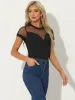 Sheer Short Sleeve Mesh Panel V Neck Casual Knit Top Bodysuit sold by Allegra K