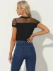 Sheer Short Sleeve Mesh Panel V Neck Casual Knit Top Bodysuit sold by Allegra K