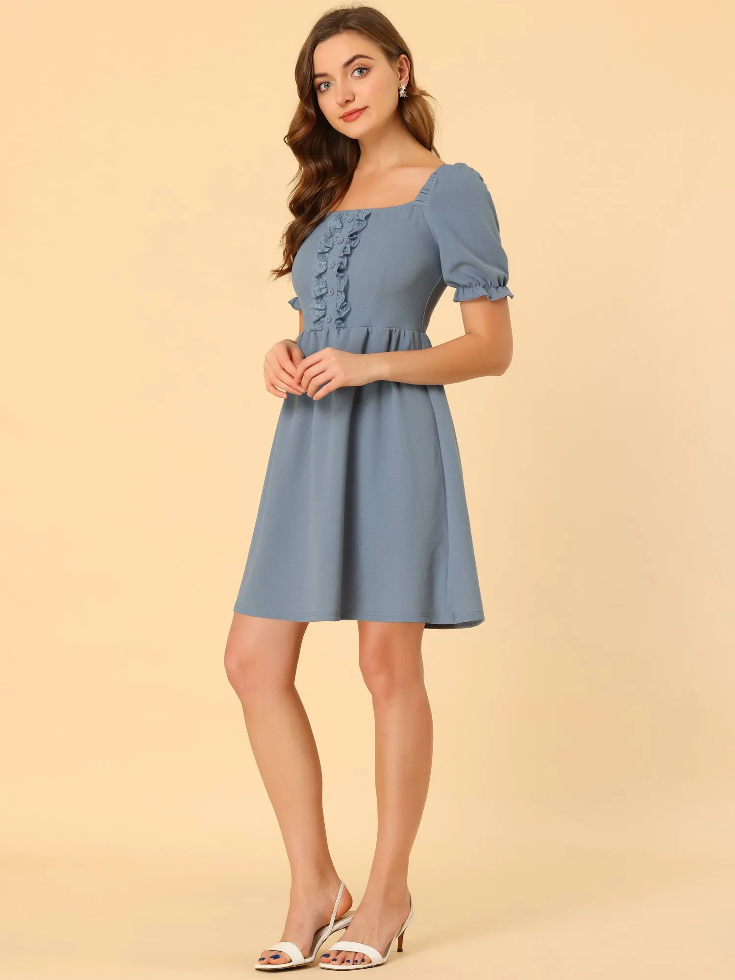 Elegant Square Neck Ruffle Bubble Sleeve High Waist Dress sold by Allegra K