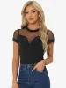 Sheer Short Sleeve Mesh Panel V Neck Casual Knit Top Bodysuit sold by Allegra K