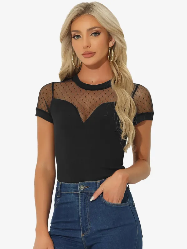 Sheer Short Sleeve Mesh Panel V Neck Casual Knit Top Bodysuit sold by Allegra K