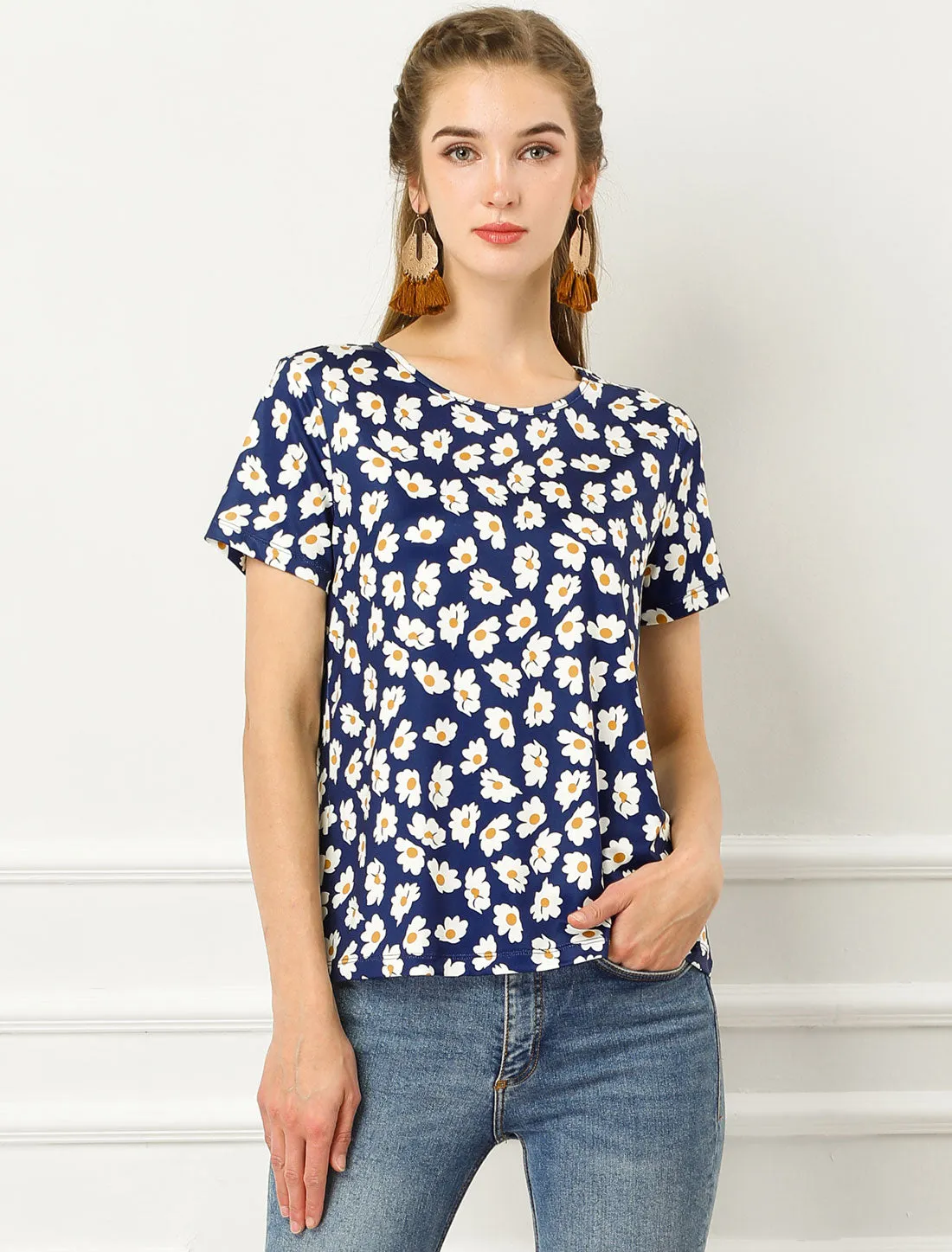 Floral Top Crew Neck Short Sleeve Blouse Summer Casual T-Shirt sold by Allegra K product image thumbnail 3