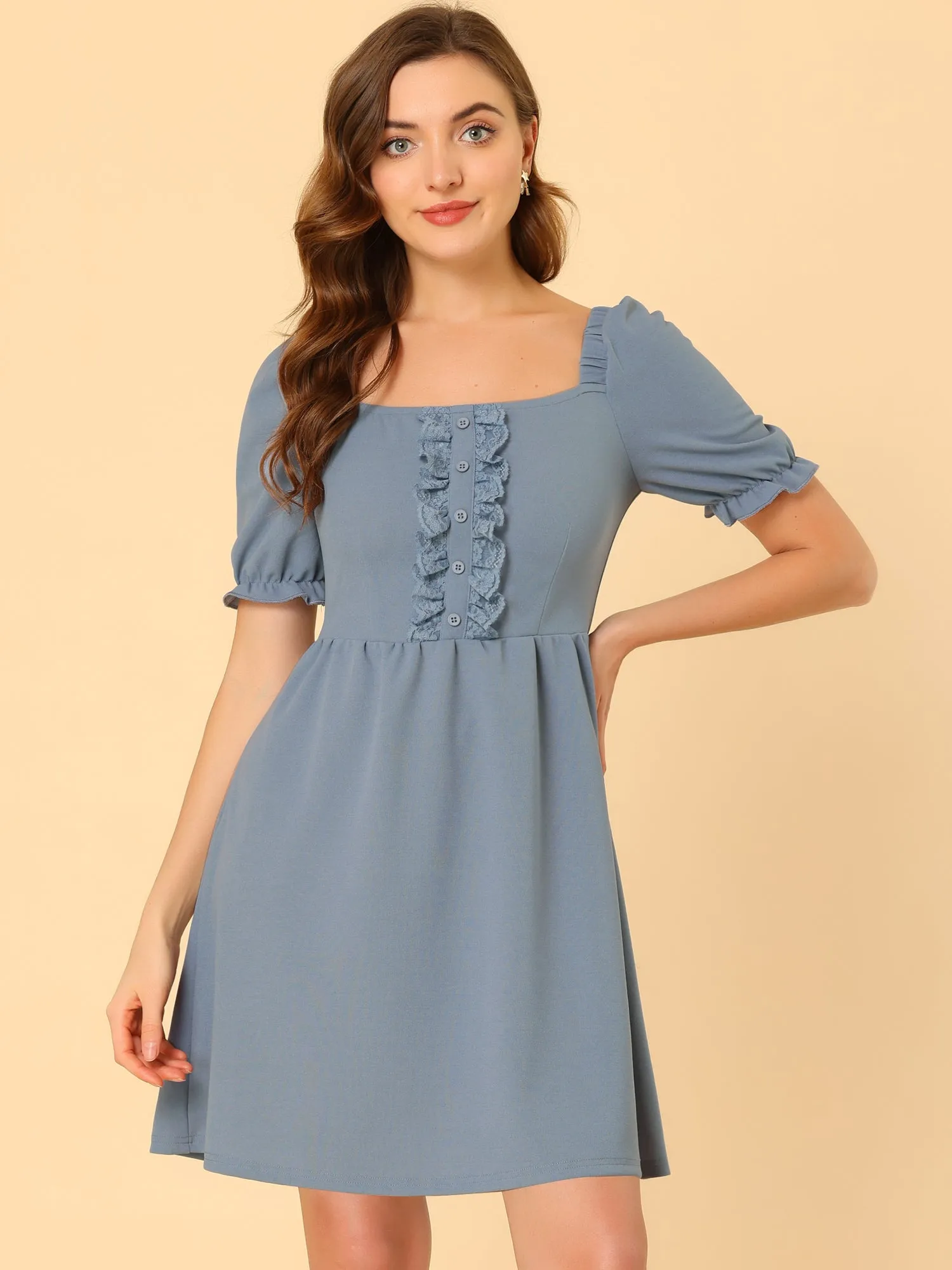 Elegant Square Neck Ruffle Bubble Sleeve High Waist Dress sold by Allegra K product image thumbnail 3