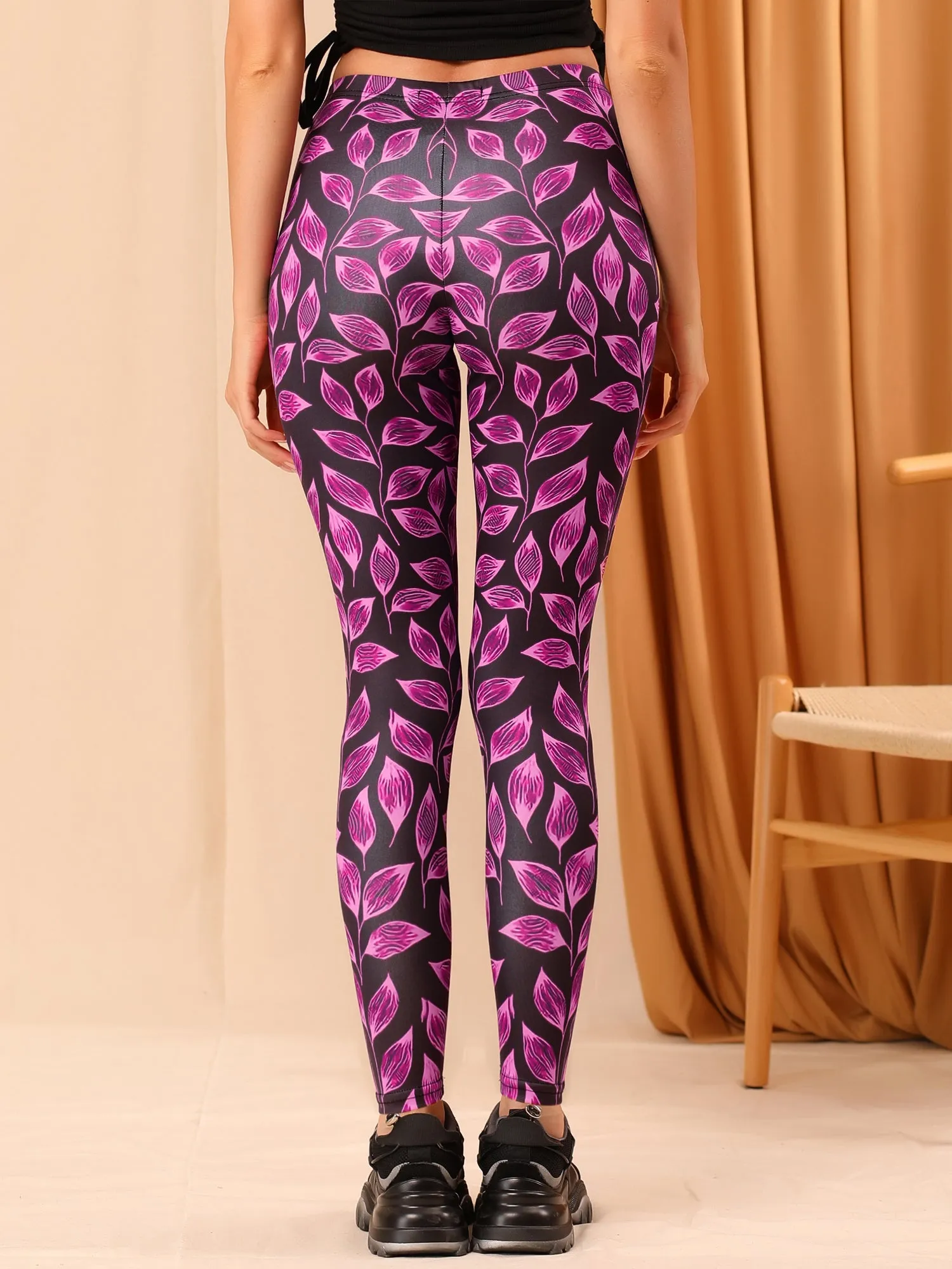 Workout Gym Elastic Waist Leaves Print Leggings sold by Allegra K product image thumbnail 5