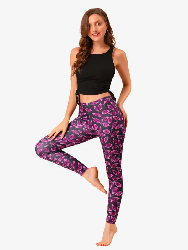 Workout Gym Elastic Waist Leaves Print Leggings made by Allegra K