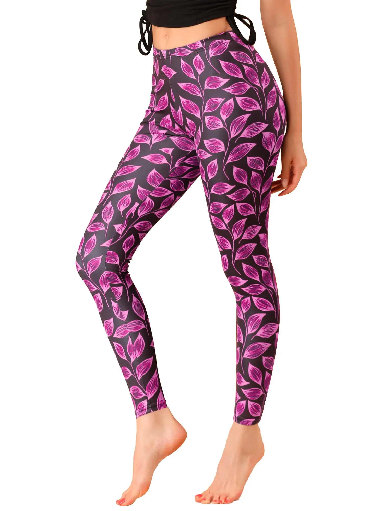 Workout Gym Elastic Waist Leaves Print Leggings sold by Allegra K product image thumbnail 4