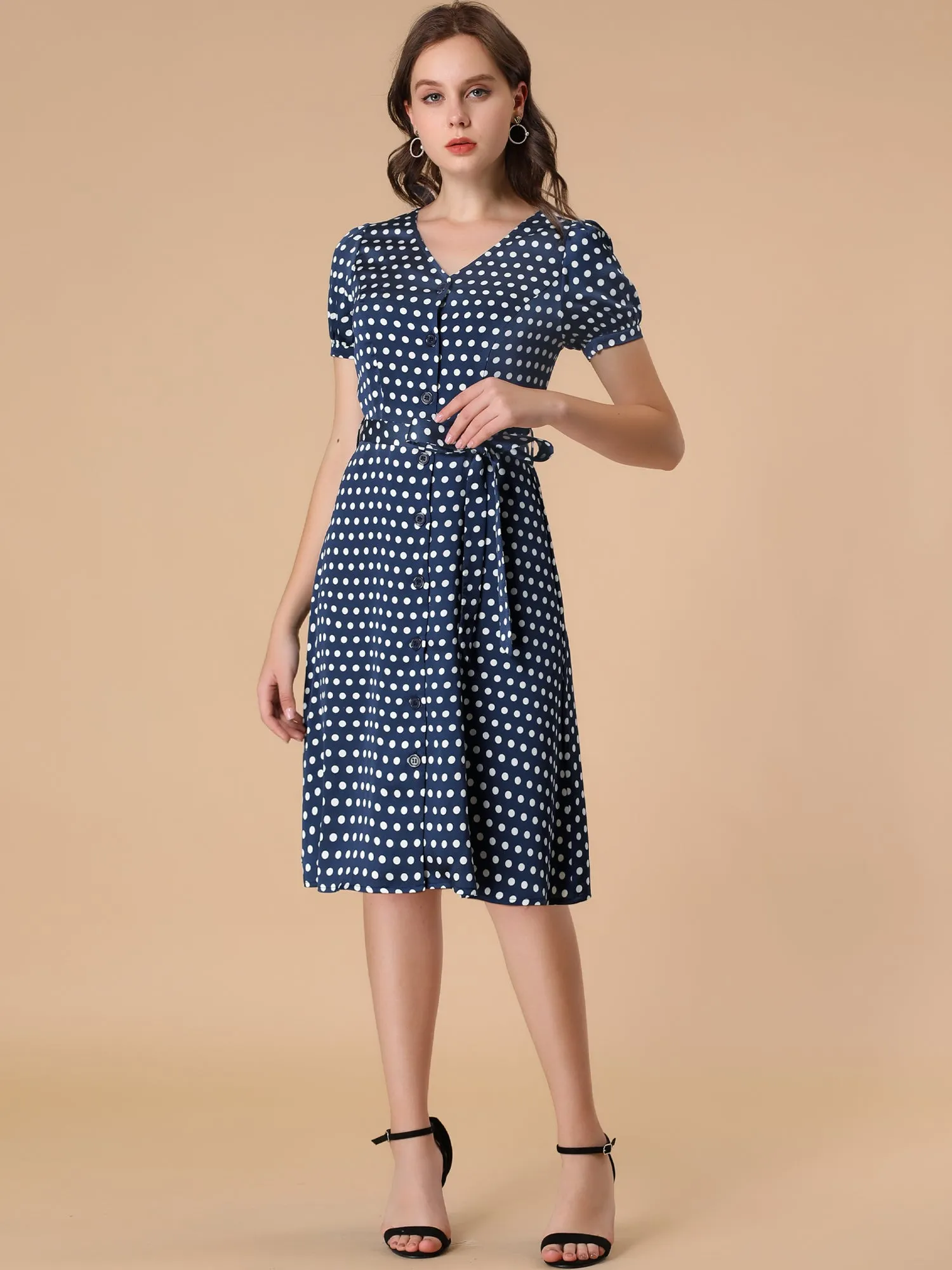 Vintage Polka Dots Puff Sleeve Belted Button Down Midi Dress sold by Allegra K product image thumbnail 2