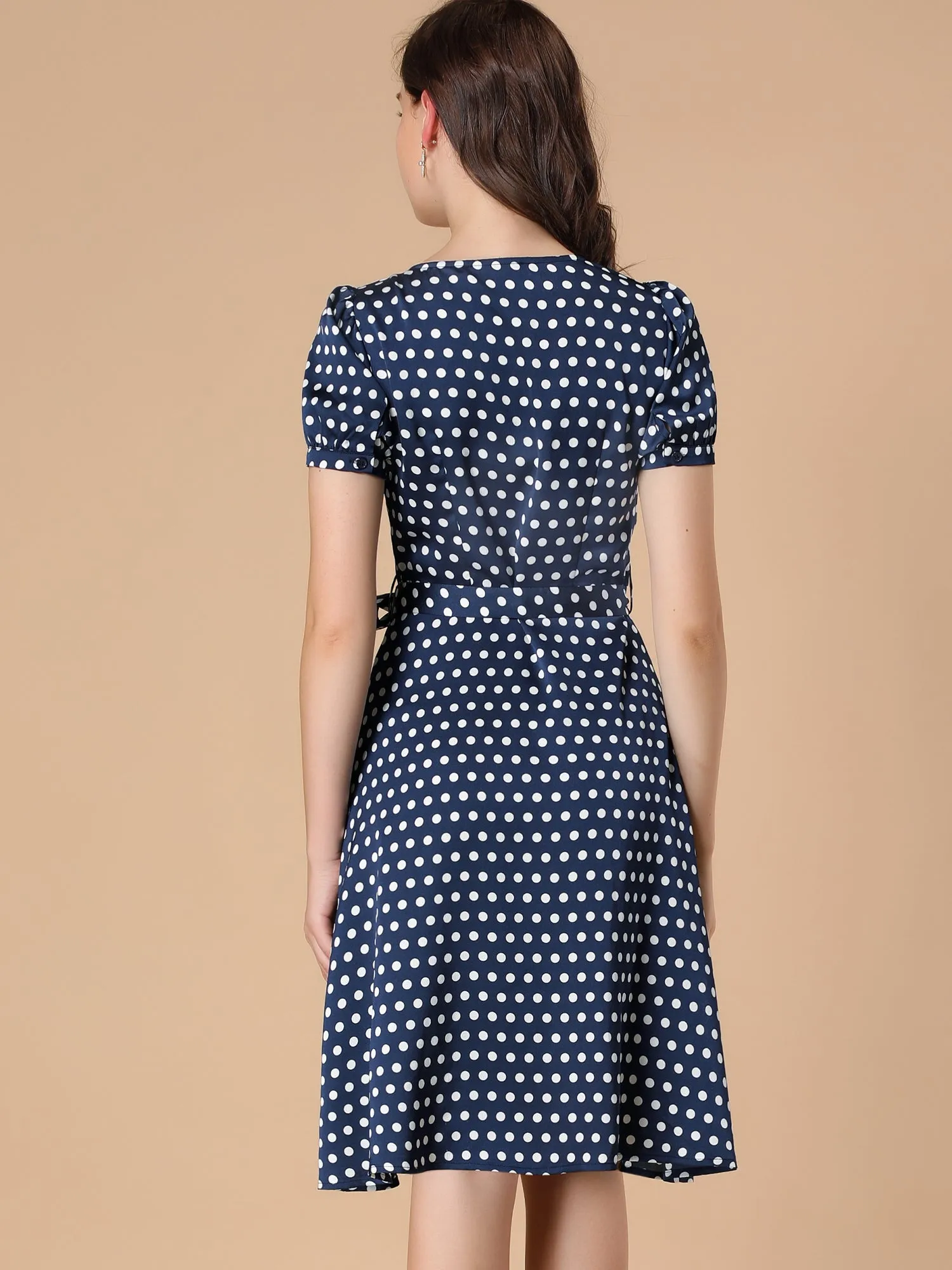 Vintage Polka Dots Puff Sleeve Belted Button Down Midi Dress sold by Allegra K product image thumbnail 4