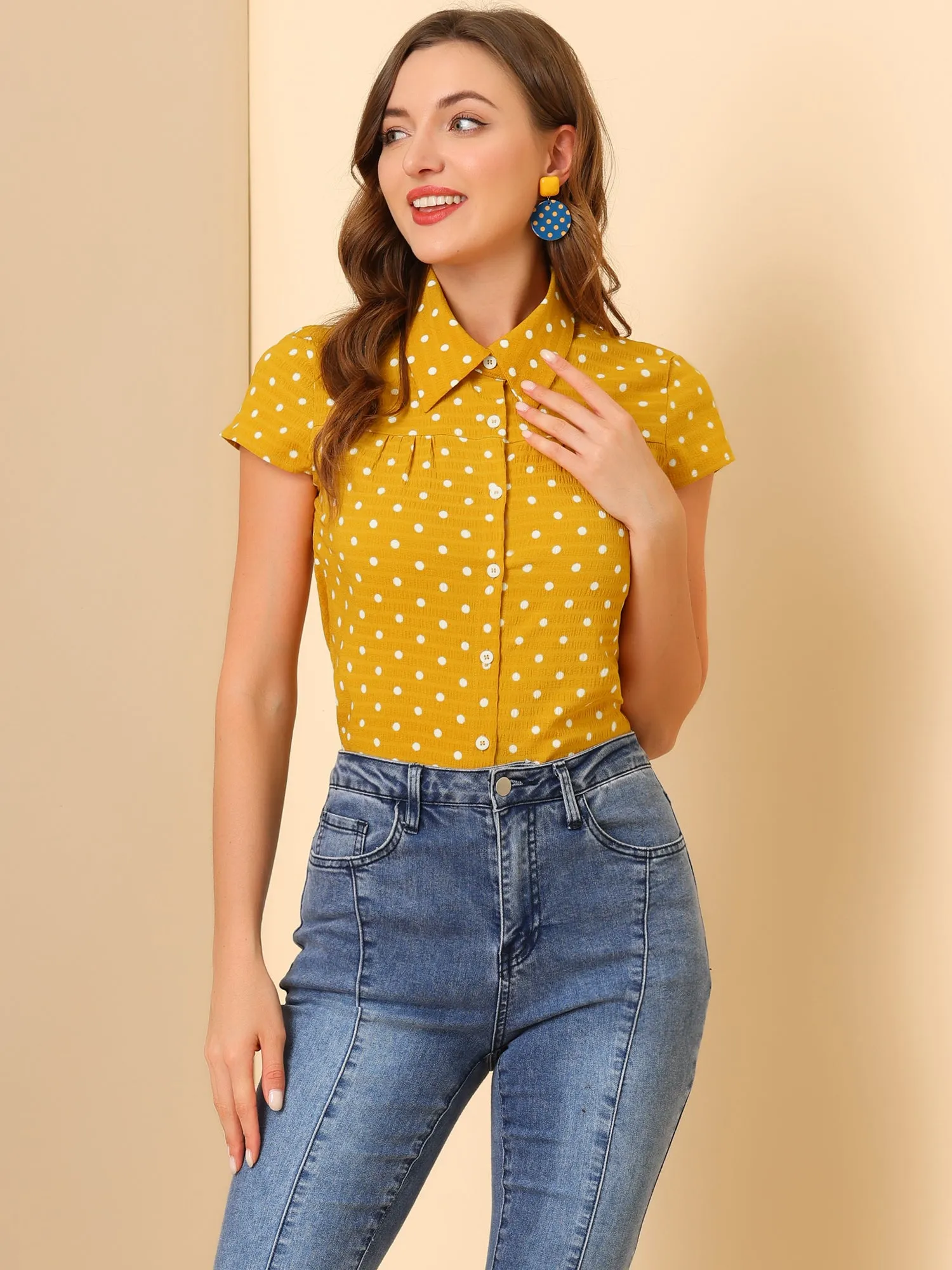Short Sleeve Tops Vintage Polka Dots Button Up Shirt sold by Allegra K