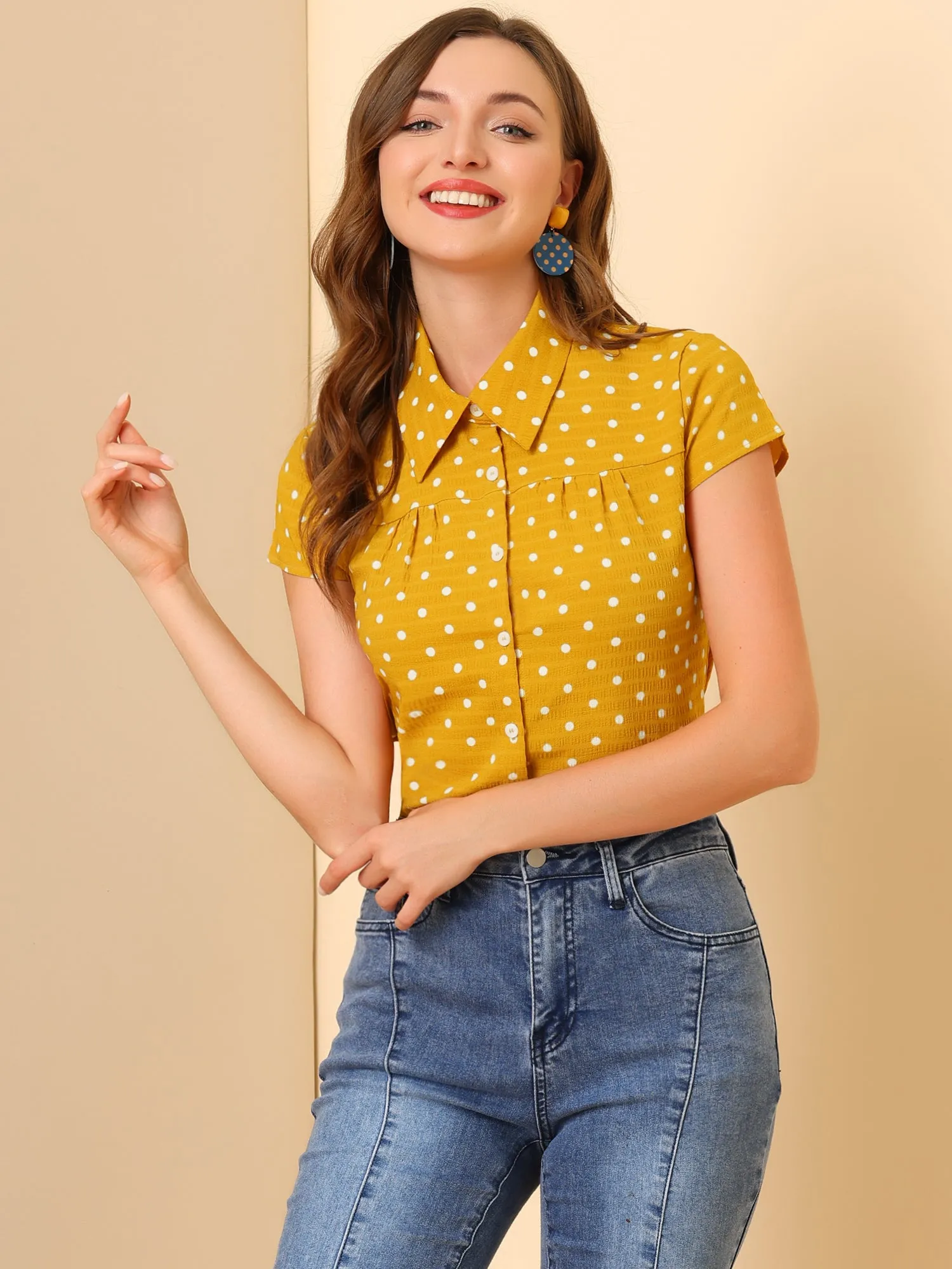 Short Sleeve Tops Vintage Polka Dots Button Up Shirt sold by Allegra K product image thumbnail 2