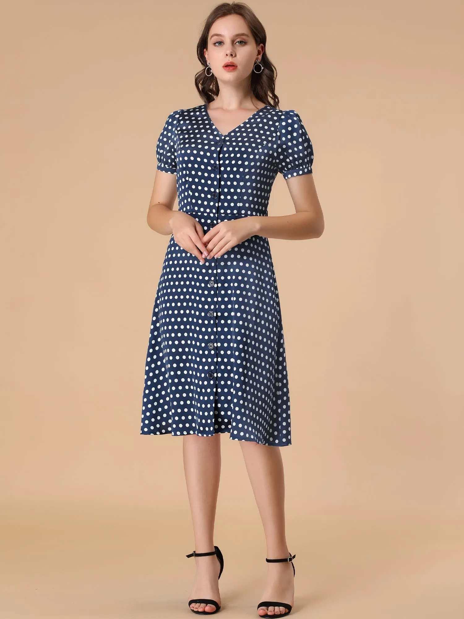 Vintage Polka Dots Puff Sleeve Belted Button Down Midi Dress sold by Allegra K product image thumbnail 3