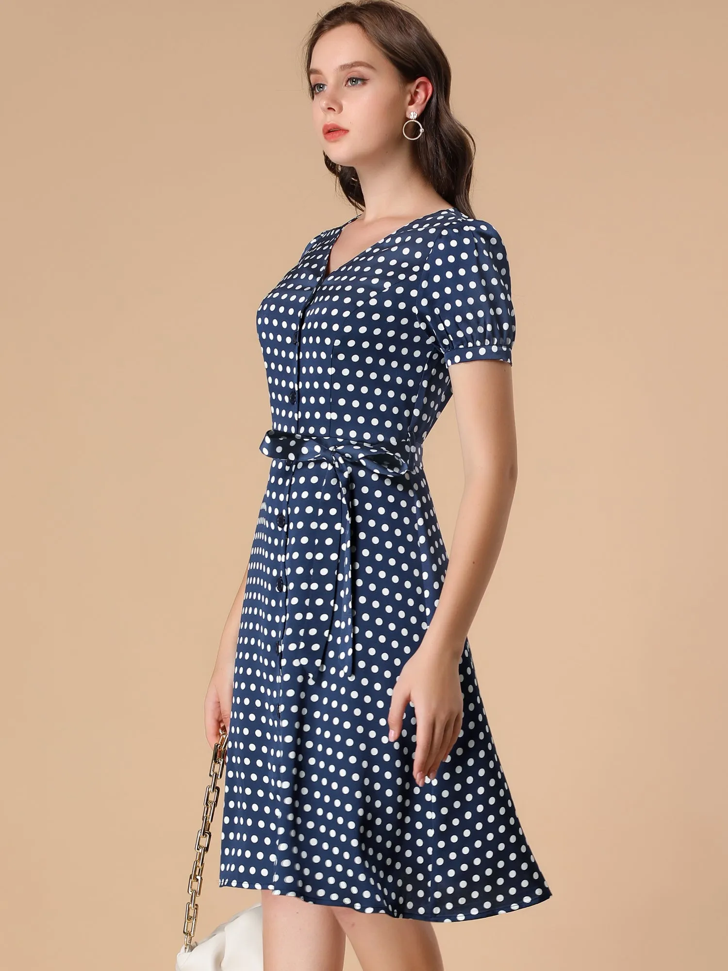 Vintage Polka Dots Puff Sleeve Belted Button Down Midi Dress sold by Allegra K
