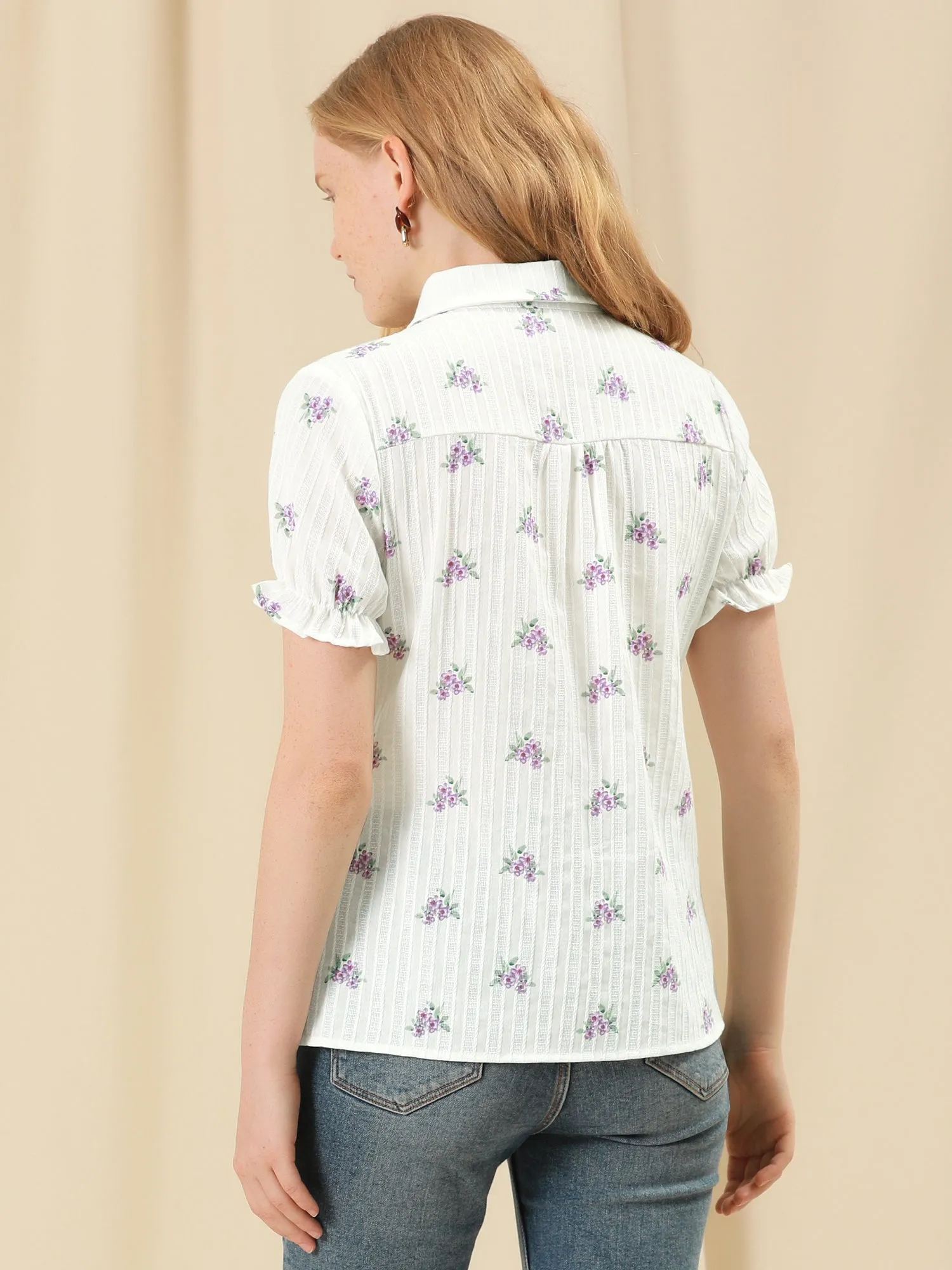 Floral Printed Peter Pan Collar Cotton Short Sleeve Shirt sold by Allegra K product image thumbnail 4