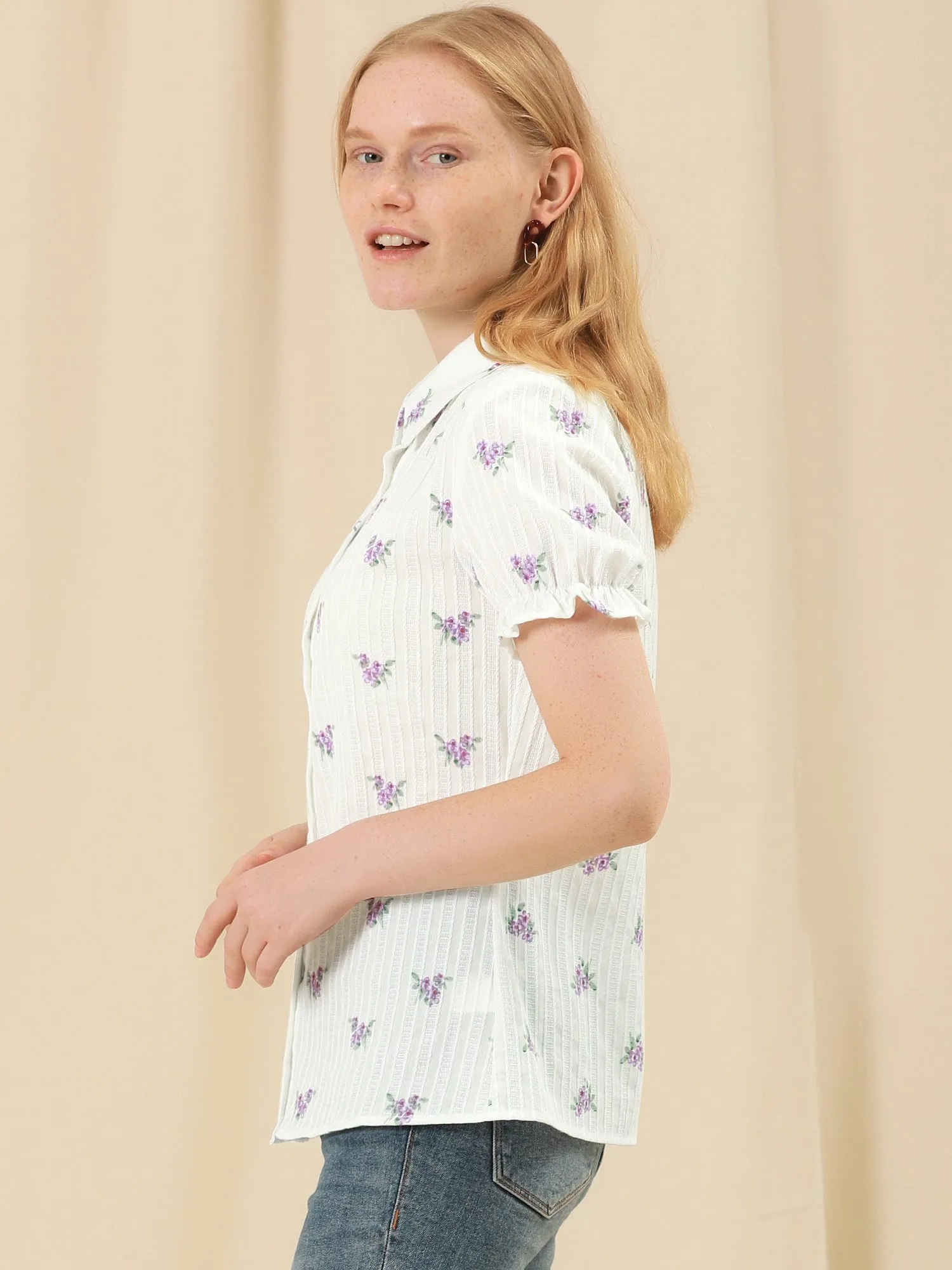 Floral Printed Peter Pan Collar Cotton Short Sleeve Shirt sold by Allegra K product image thumbnail 3