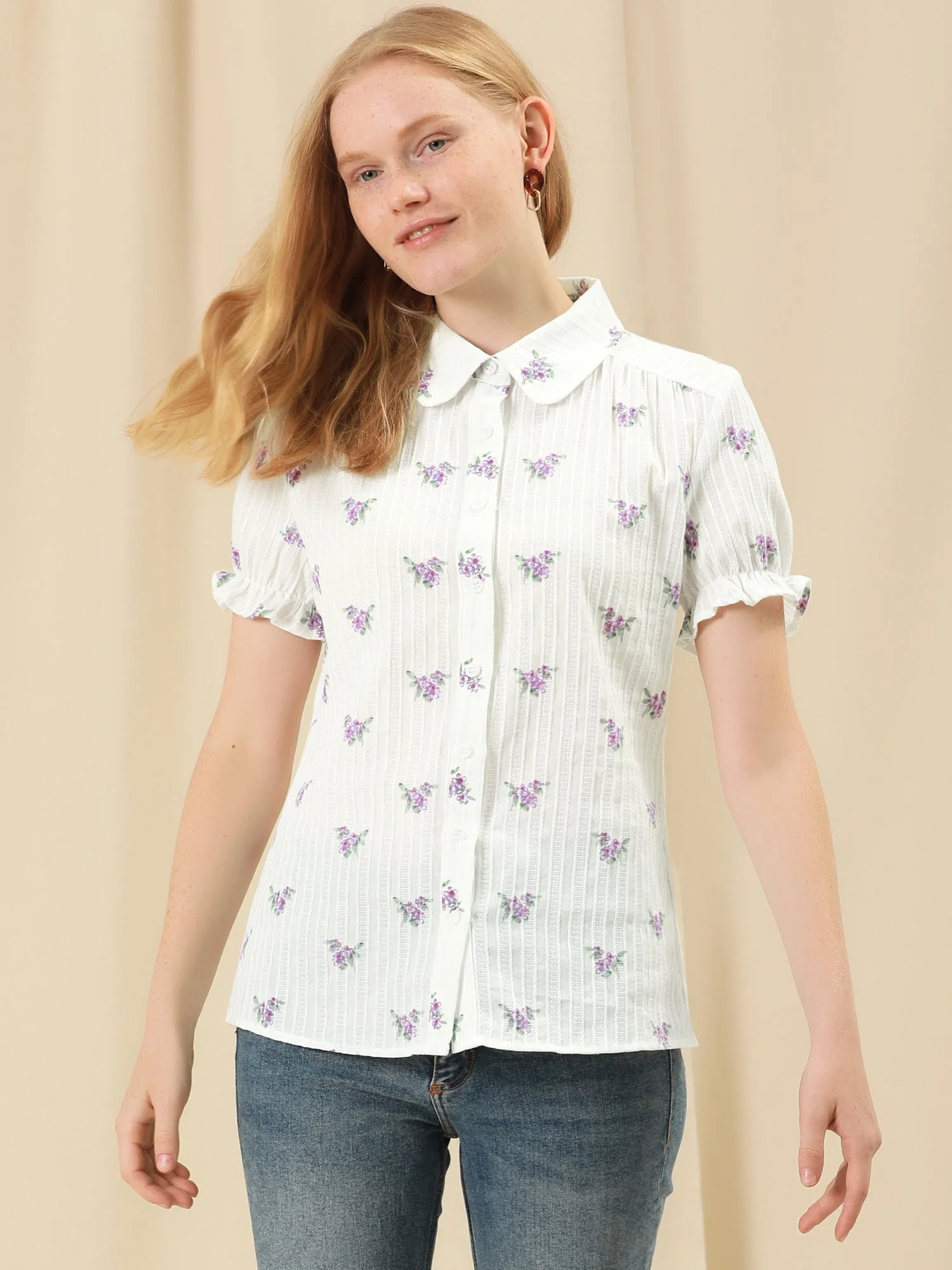 Floral Printed Peter Pan Collar Cotton Short Sleeve Shirt sold by Allegra K product image thumbnail 2