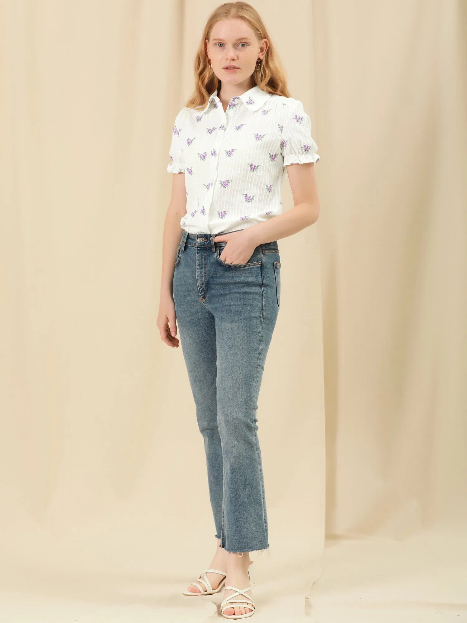 Floral Printed Peter Pan Collar Cotton Short Sleeve Shirt sold by Allegra K