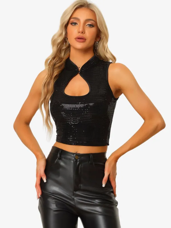 Sleeveless Cut Out Front Crop Tank Slim Fitted Sequins Top sold by Allegra K