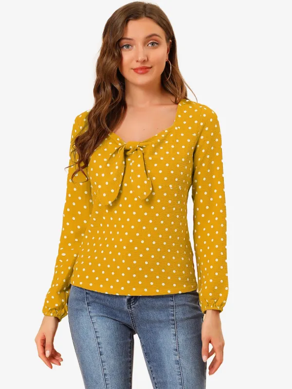 Vintage Long Sleeve Sweetheart Neck Tie Knot Polka Dots Blouse Top sold by Allegra K