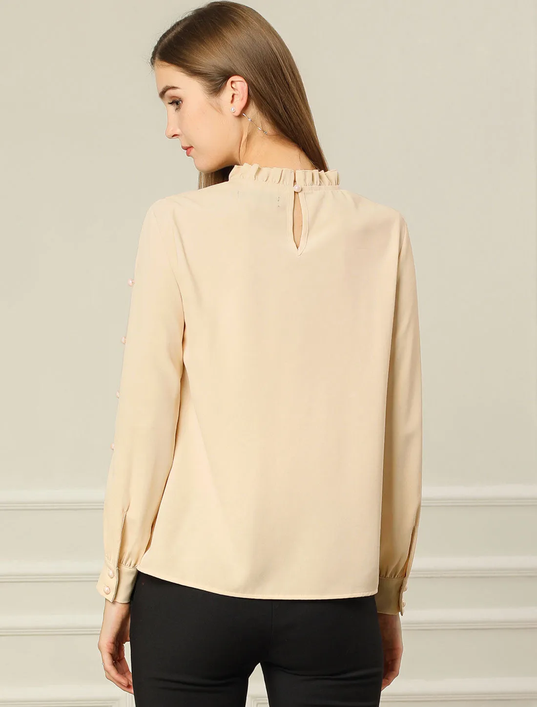 Chiffon Blouse Ruched Stand Collar Pearl Beaded Long Sleeve Work Top sold by Allegra K product image thumbnail 5