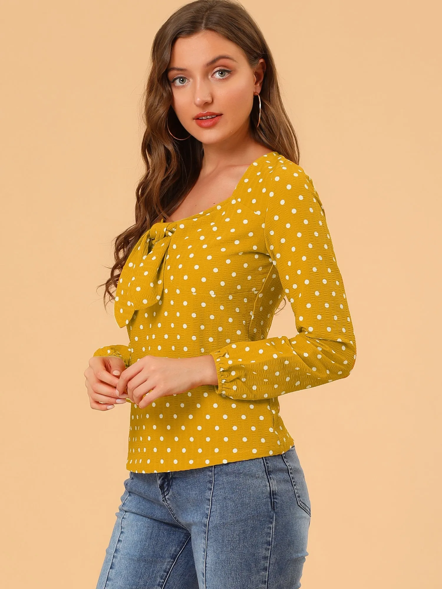 Vintage Long Sleeve Sweetheart Neck Tie Knot Polka Dots Blouse Top sold by Allegra K product image thumbnail 4