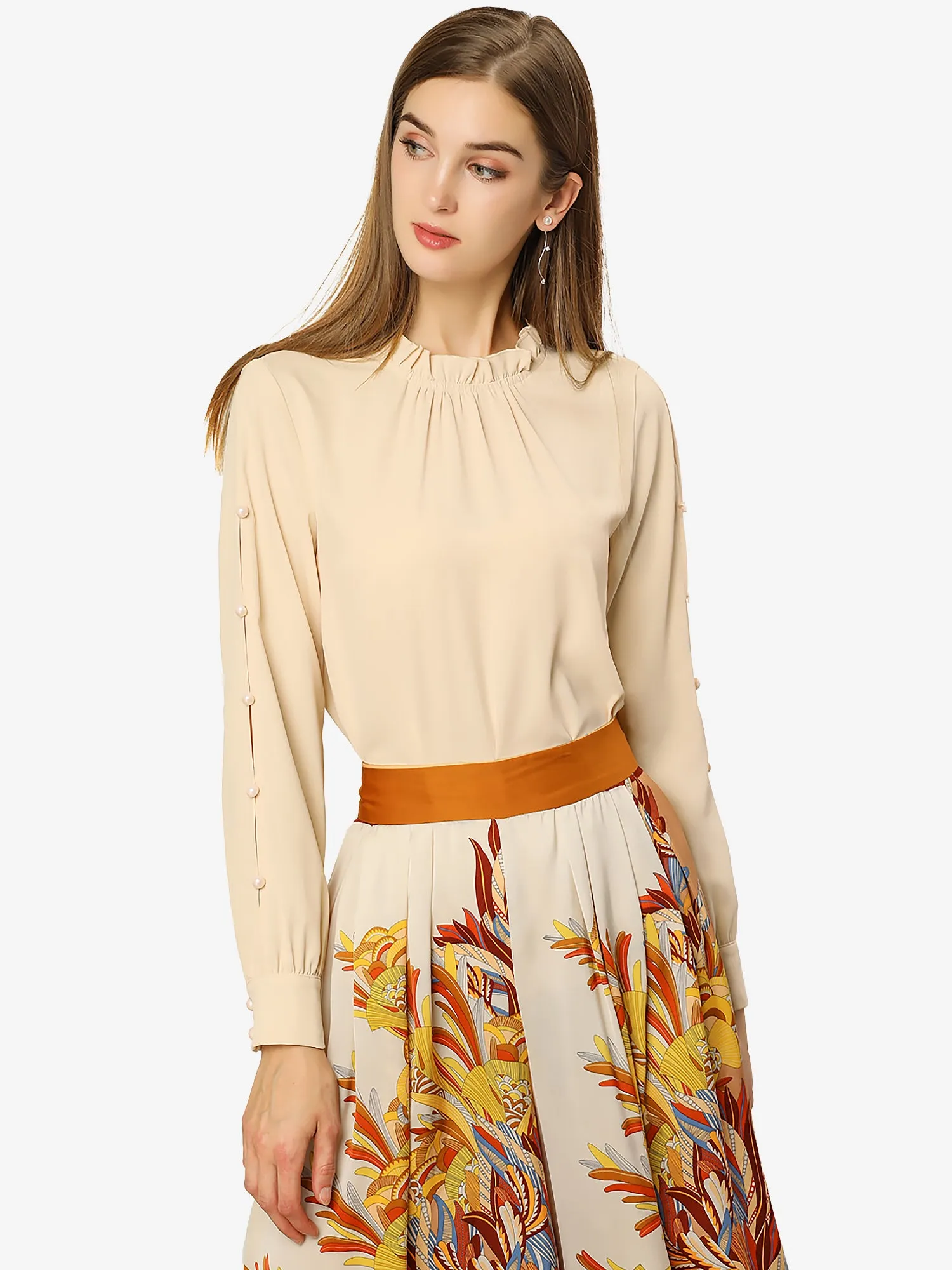 Chiffon Blouse Ruched Stand Collar Pearl Beaded Long Sleeve Work Top sold by Allegra K