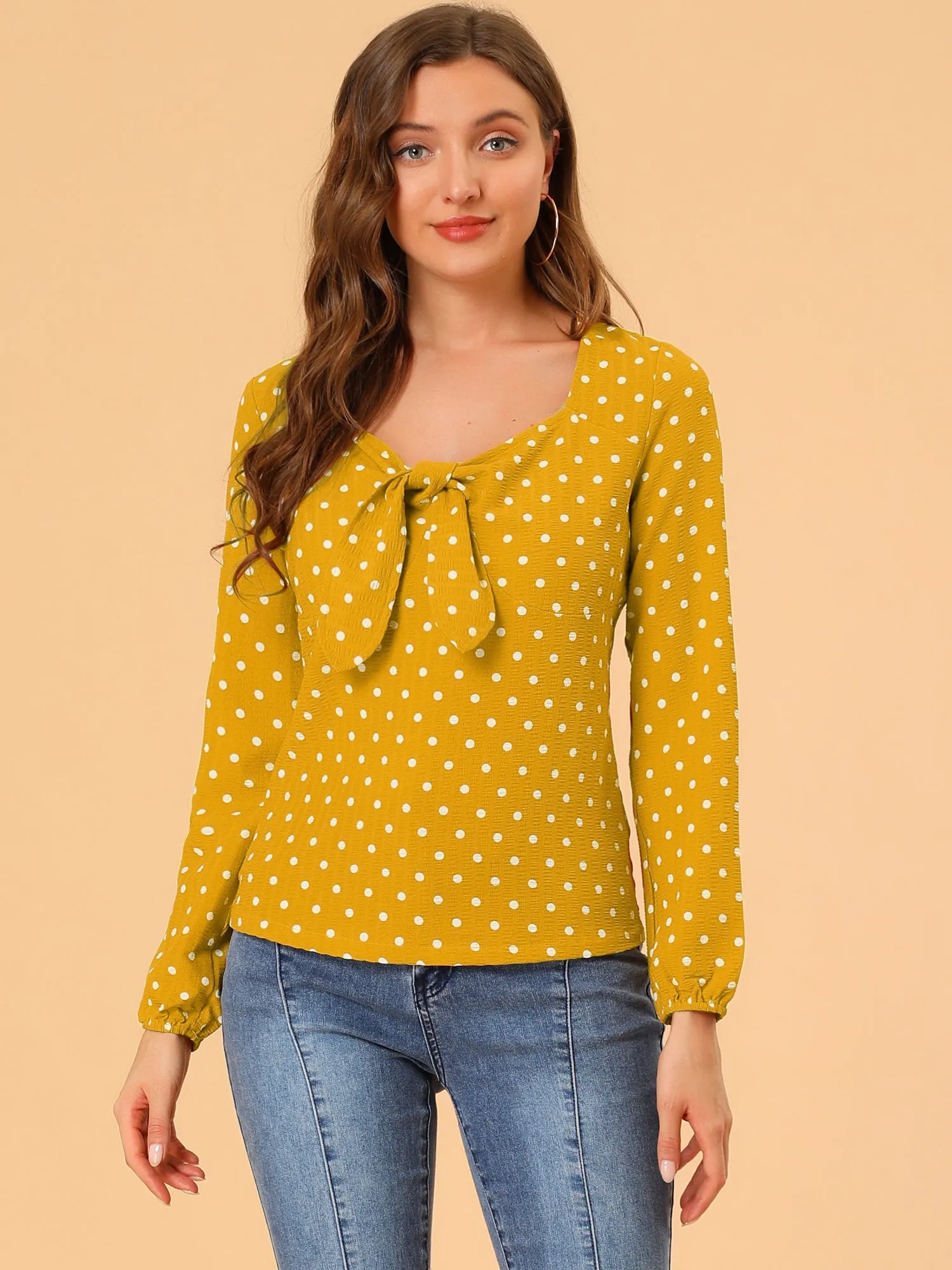 Vintage Long Sleeve Sweetheart Neck Tie Knot Polka Dots Blouse Top sold by Allegra K product image thumbnail 2