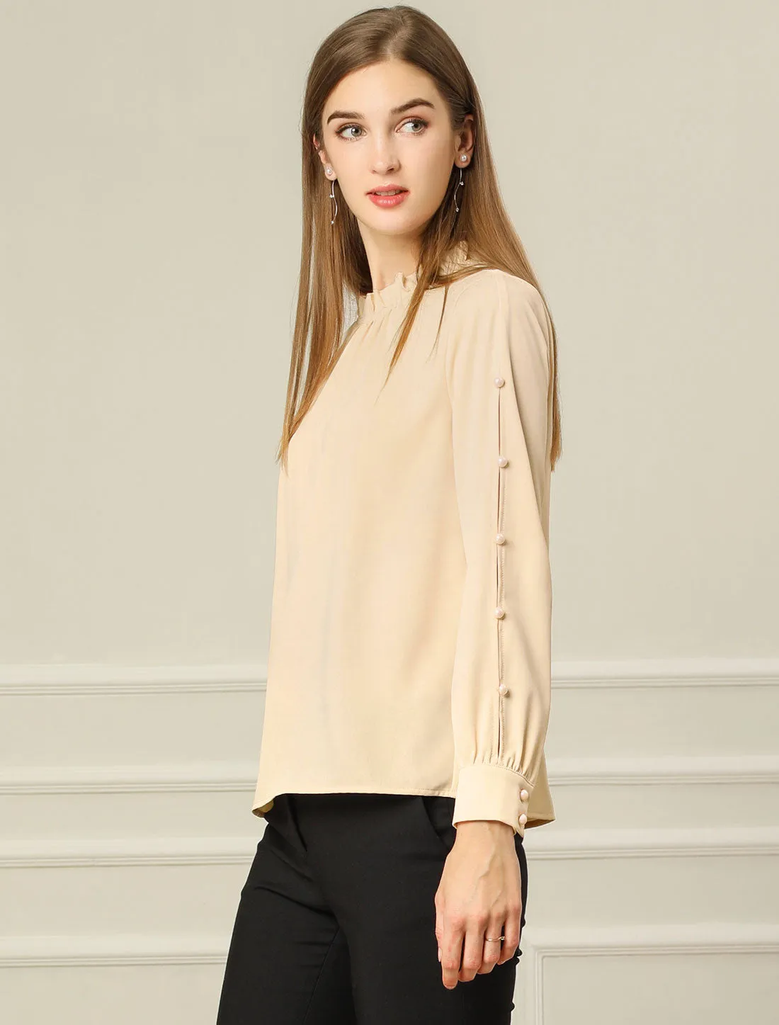 Chiffon Blouse Ruched Stand Collar Pearl Beaded Long Sleeve Work Top sold by Allegra K product image thumbnail 2