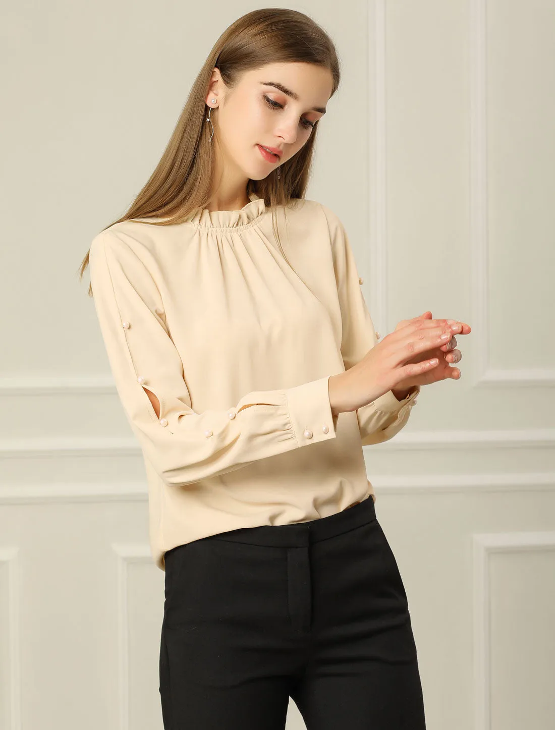 Chiffon Blouse Ruched Stand Collar Pearl Beaded Long Sleeve Work Top sold by Allegra K product image thumbnail 3