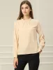 Chiffon Blouse Ruched Stand Collar Pearl Beaded Long Sleeve Work Top sold by Allegra K