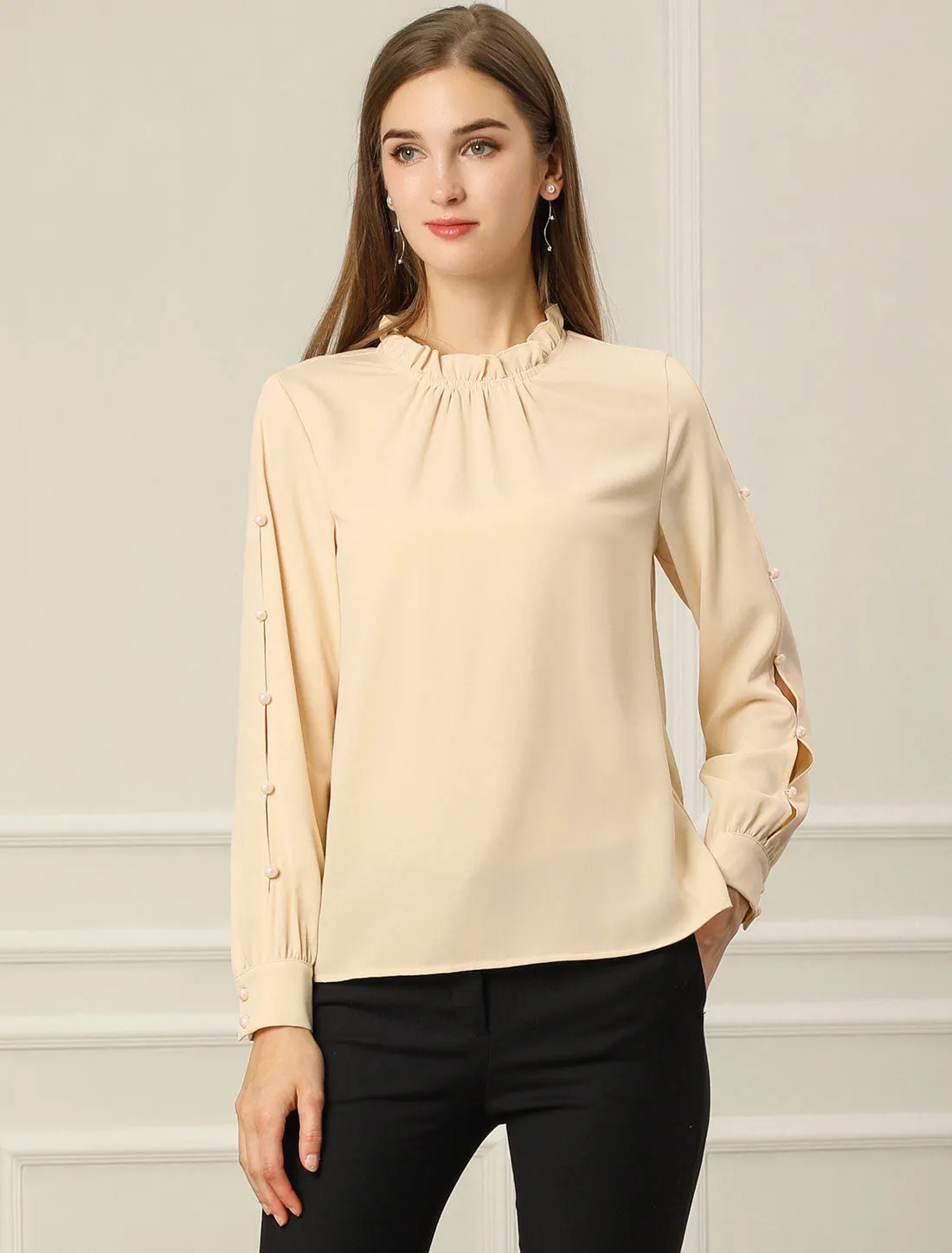 Chiffon Blouse Ruched Stand Collar Pearl Beaded Long Sleeve Work Top sold by Allegra K product image thumbnail 4