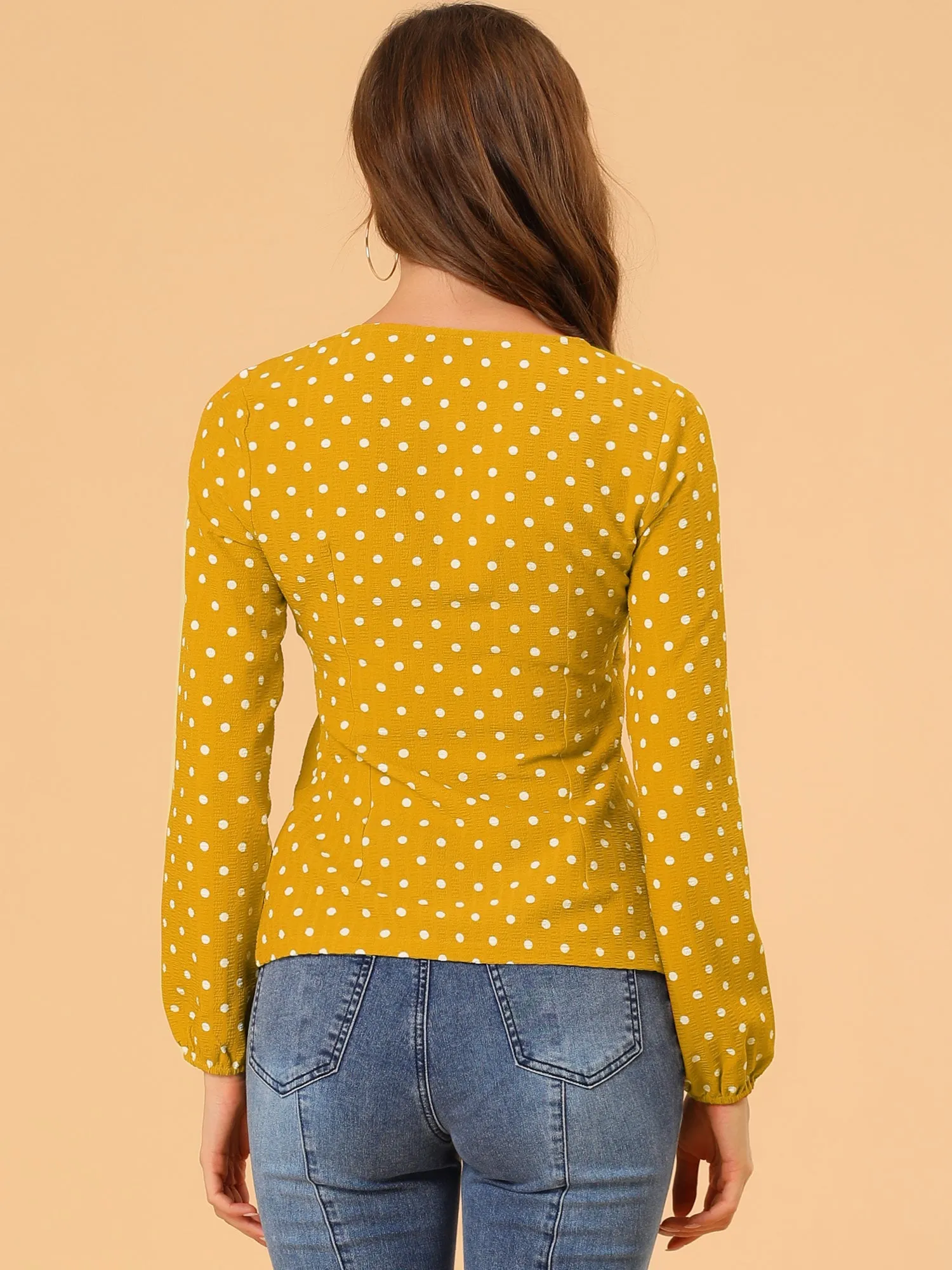 Vintage Long Sleeve Sweetheart Neck Tie Knot Polka Dots Blouse Top sold by Allegra K product image thumbnail 5