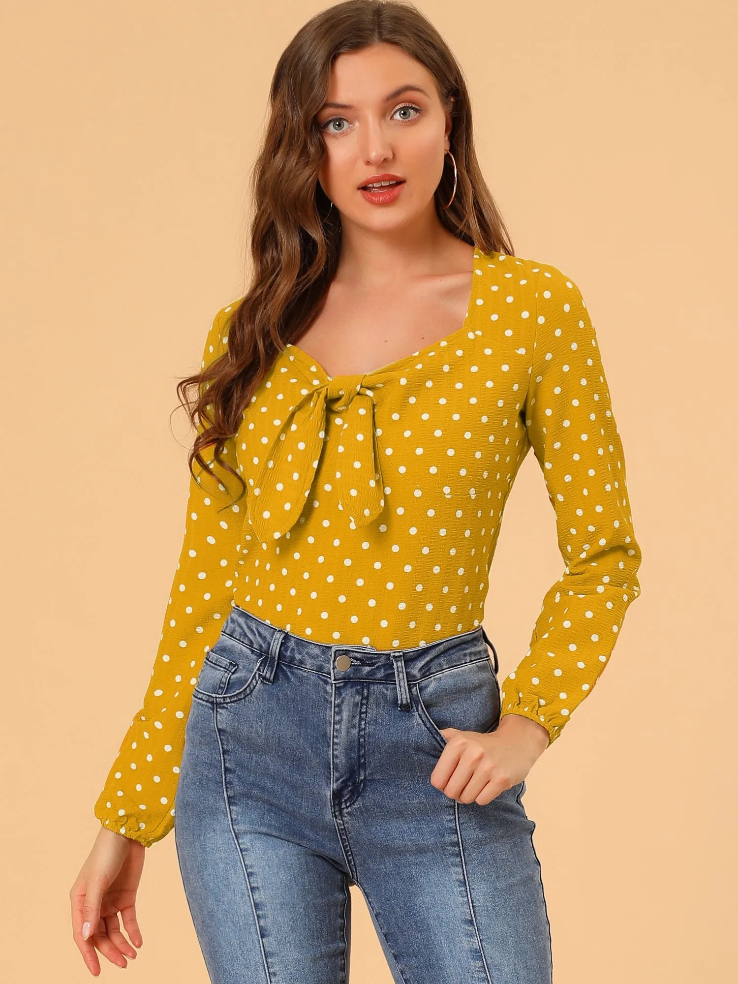 Vintage Long Sleeve Sweetheart Neck Tie Knot Polka Dots Blouse Top sold by Allegra K product image thumbnail 3