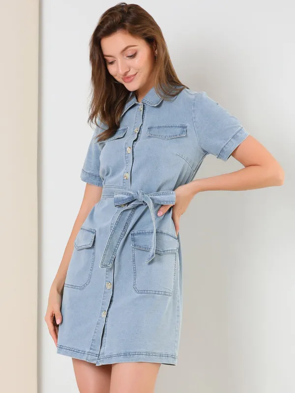 Jean Casual Collared Belted Button Down Denim Shirt Dress sold by Allegra K