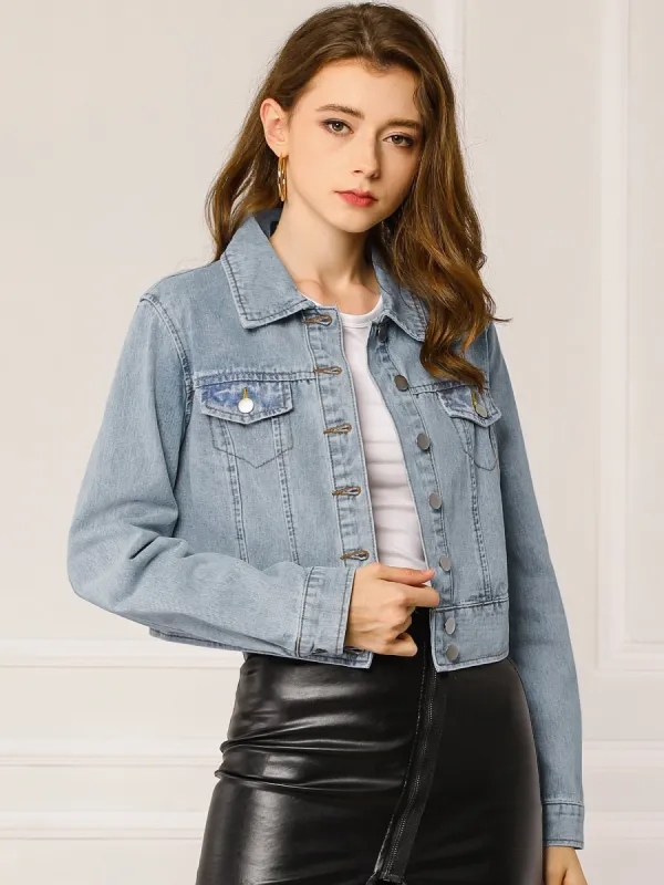 Casual Crop Button Down Basic Washed Jean Denim Jacket sold by Allegra K